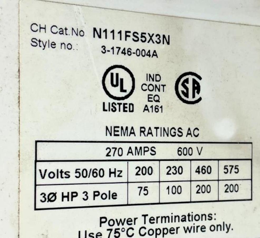 Used Eaton Cutler-Hammer N111FS5X3N Contactor Non-Reversing 3P 270A 600VAC Coil 24VDC