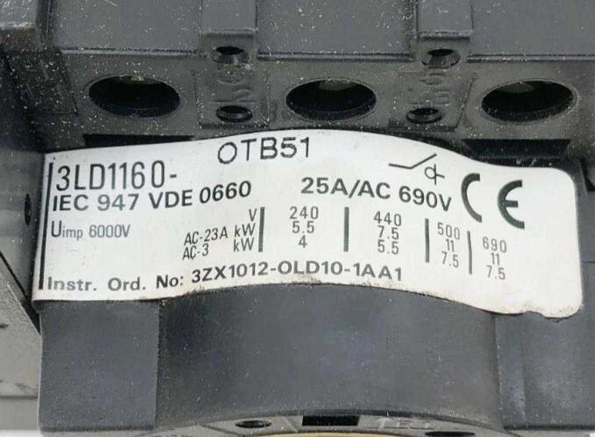 New Siemens 3LD11600-OTB51 Disconnect Switch 25A 400V - No Box
