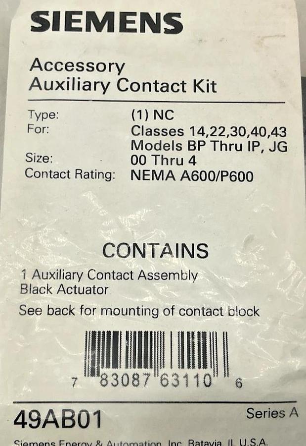 New Siemens 49AB01 Auxiliary Contact Assembly Actuator Type: 1NC Size: 00 Thru 4