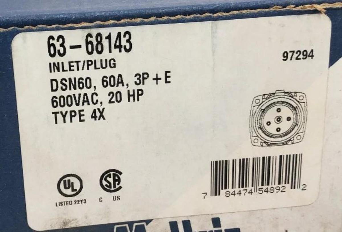 New Meltric 63-68143 Inlet/Plug DSN60 60A 3P + E 600VAC 20HP Type 4X