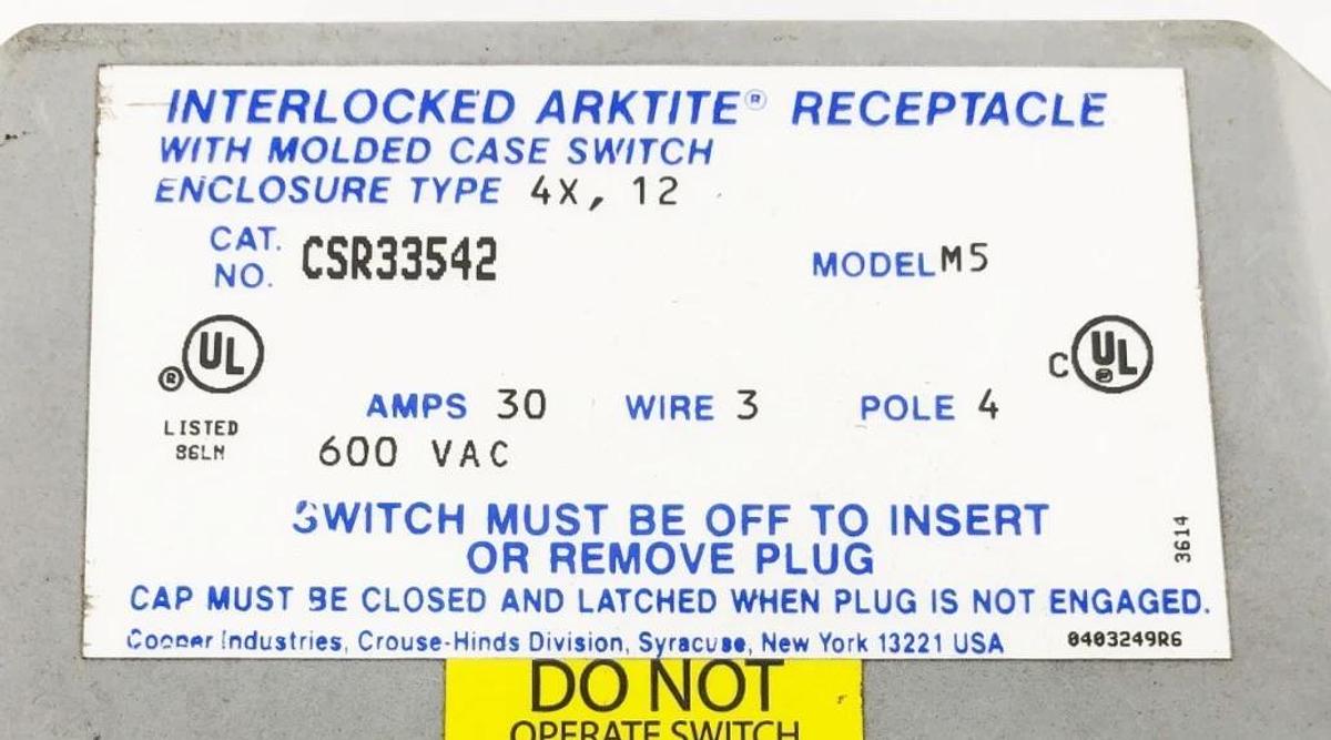 Used Eaton Crouse-Hinds CSR33542 Interlocked Arktite Receptacle (For Parts Only)