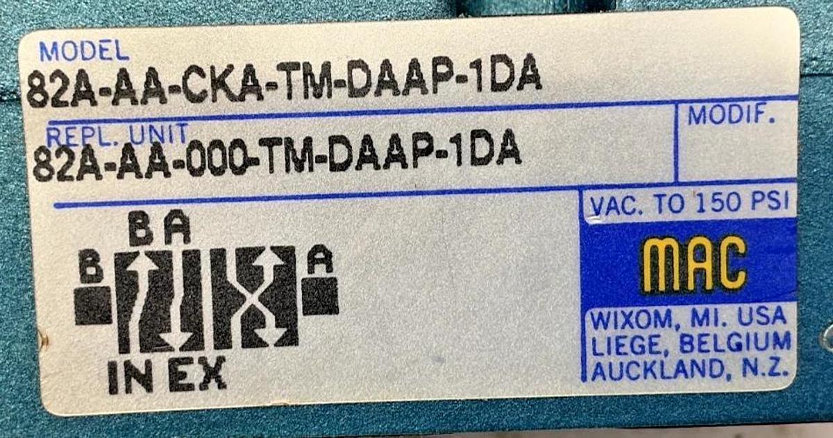 Used MAC Valves 82A-AA-CKA-TM-DAAP-1DA Solenoid Valve Missing Base 5.4W 150PSI 120V