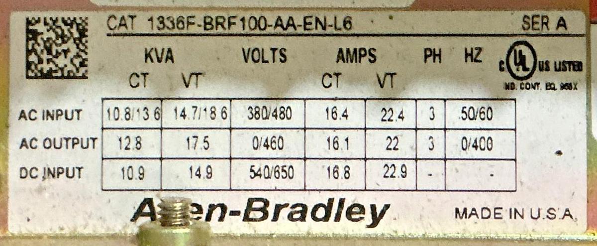 Used Allen Bradley 1336F-BRF100-AA-EN-L6 Ser A AC Drive 3PH 380-480VAC 50/60HZ