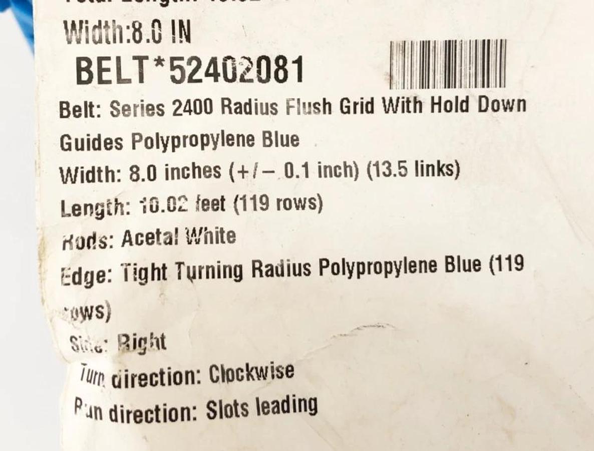 New Intralox 52402081 Belt Series 2400 8" x 46" Polypropylene Blue - No Box