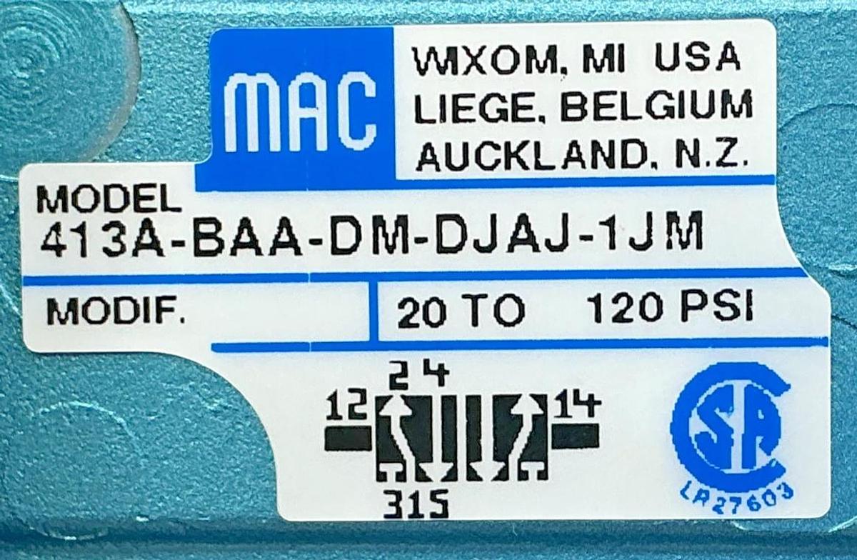 New MAC Valves 413A-BAA-DM-DDAJ-1JM Solenoid Valve 5.4Watts 20-120PSI 24VDC