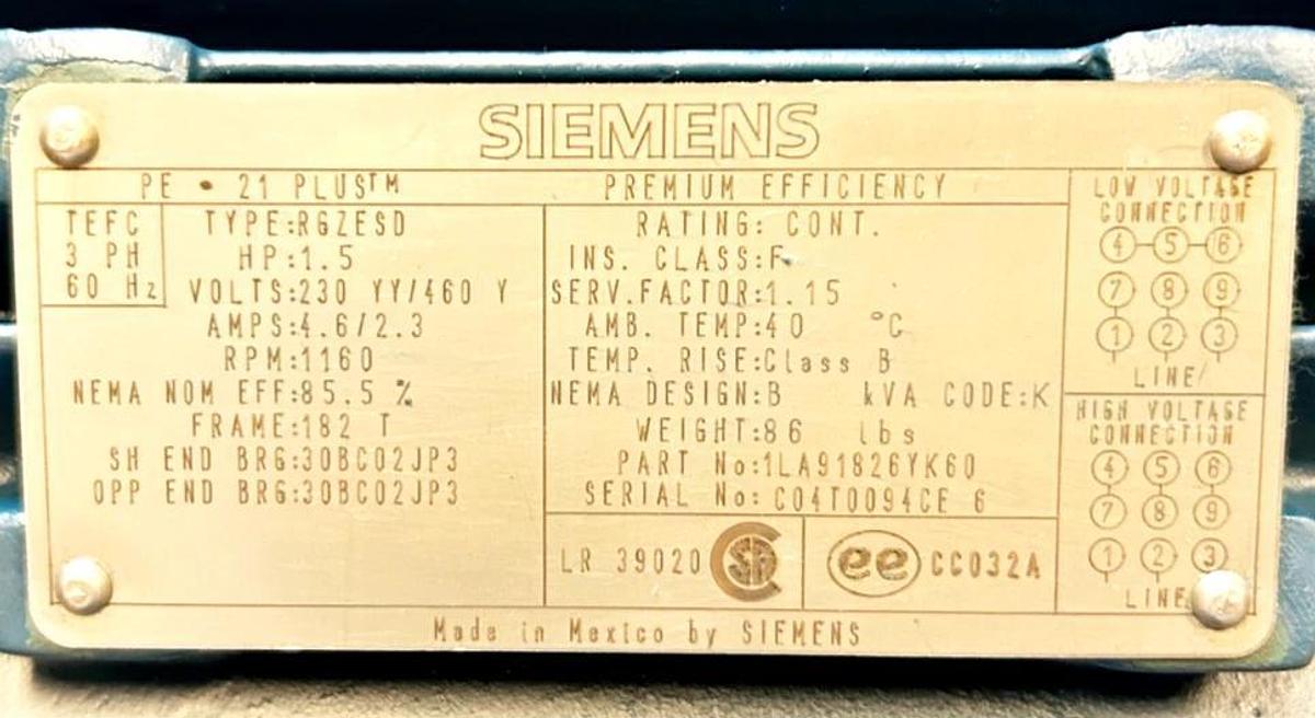 New Siemens 1LA91826YK60 AC Motor RGZESD 1.5 HP 230/460V 3PH HPG1050