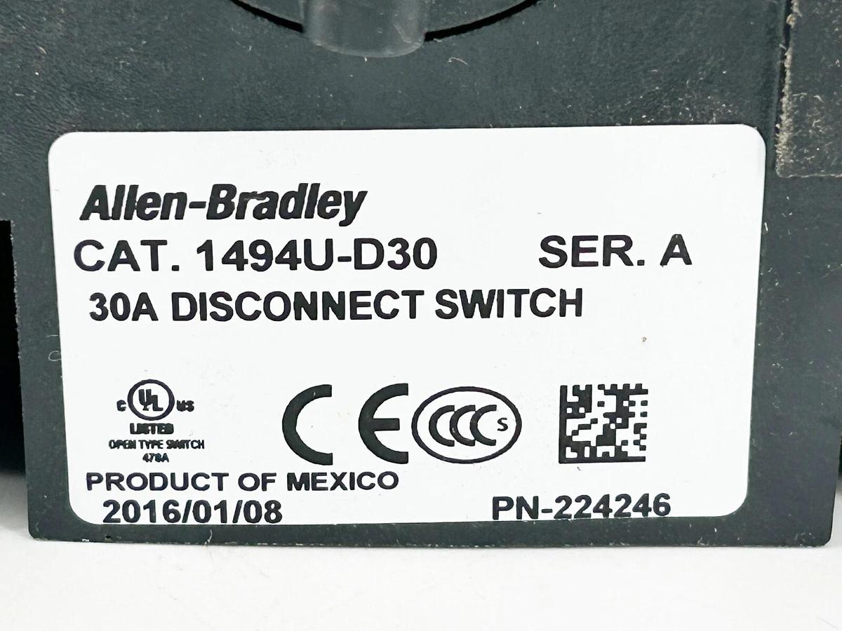 New Allen Bradley 1494U-D30 Disconnect Switch Visible Blade 60A 600V 3 Phase AC