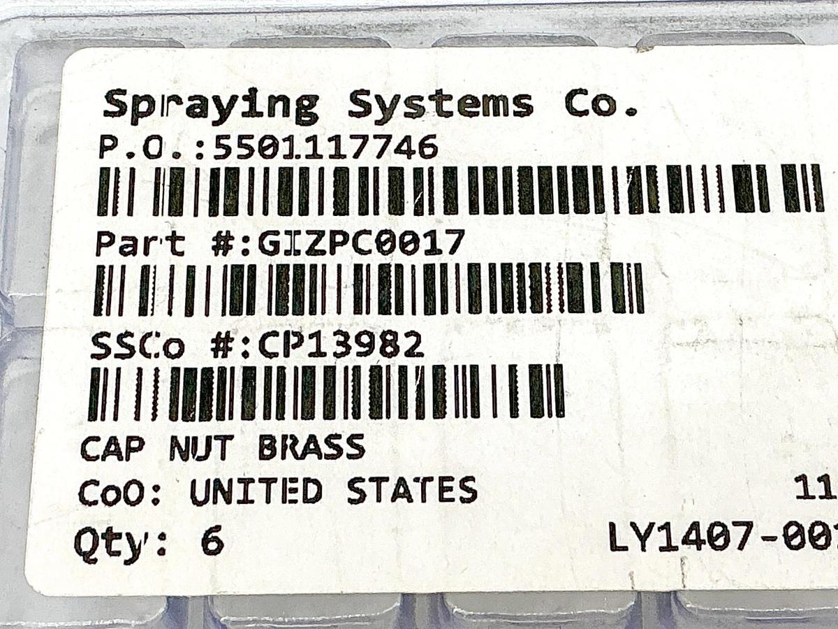 New Lot of 6 Spraying Systems CP13982 Brass Cap Nut