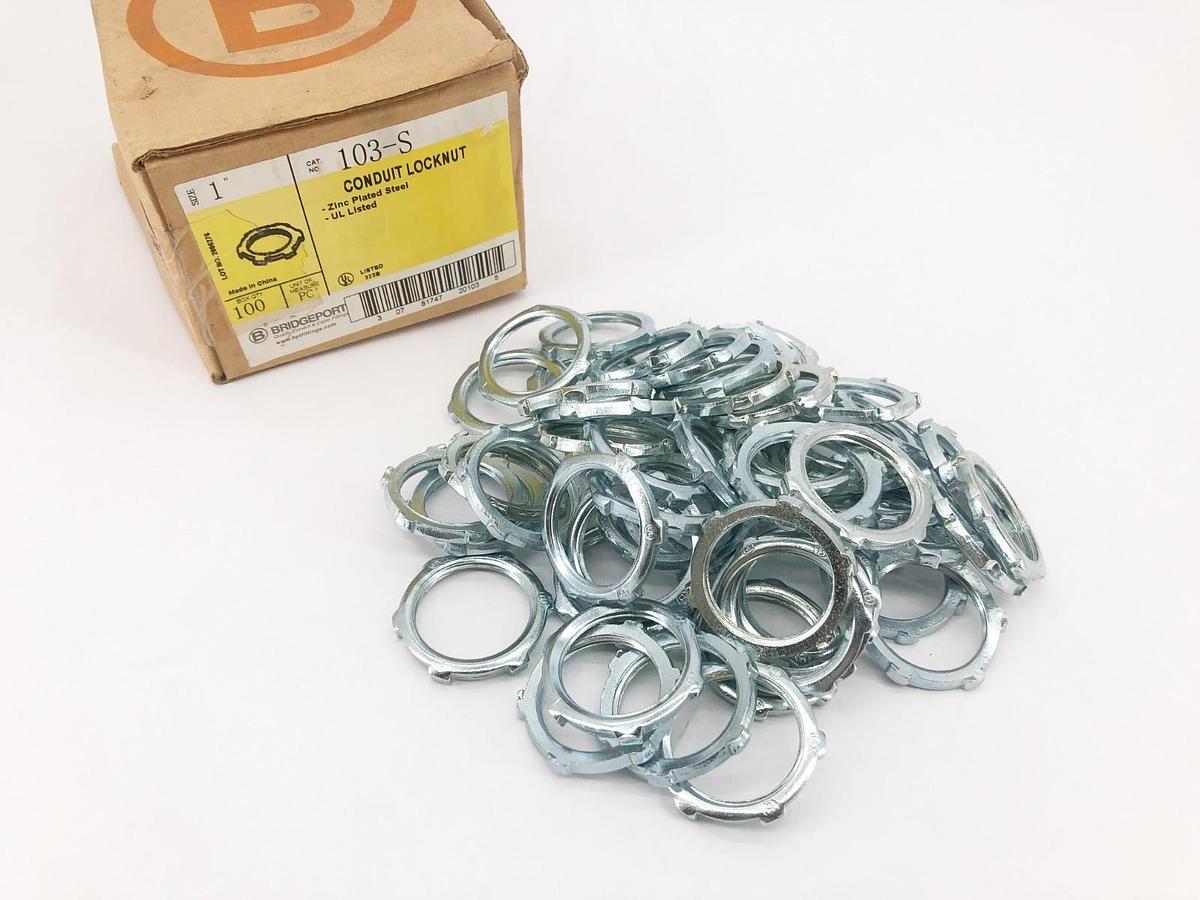 Box of 55 New Bridgeport 103-S Conduit Locknuts 1" Zinc Plated Steel