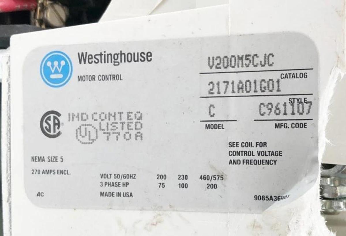 New Westinghouse V200M5CJC Vacuum Starter Size 5 110/120V 270A No Lugs - No Box