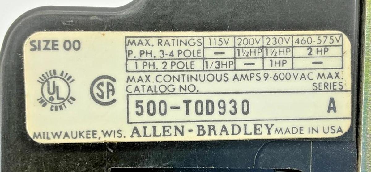 New Allen Bradley 500-TOD930 Ser A AC Contactor 110/120V 50/60HZ - No Box