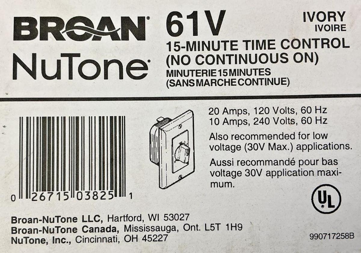 New Broan-NuTone 61V 15-Minute Time Control Ivory 20/10A 120/240V 60HZ