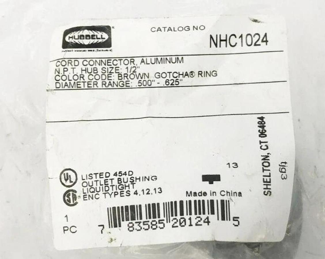Lot of 2 New Hubbell NHC1024 Cord Connectors Aluminum 1/2" NPT .50"-.625" Brown