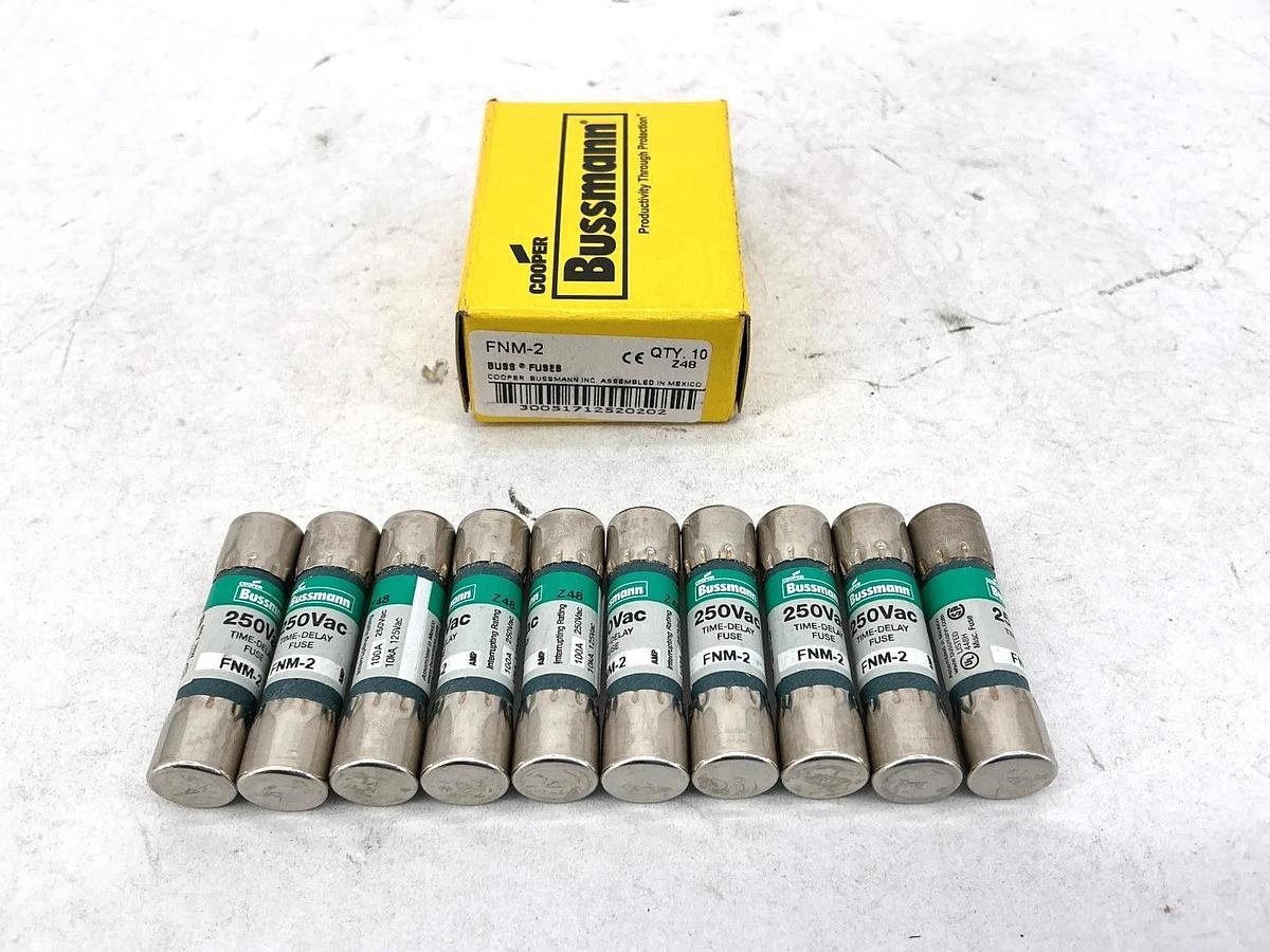 New Bussmann FNM-2 250Vac Time-Delay Fuse 2A 250V Box of 10