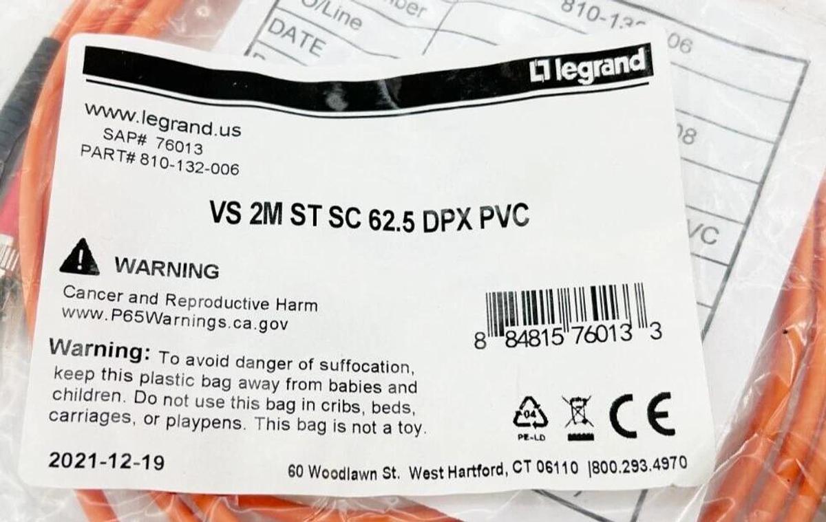 New Lot of 2 Legrand VS 2M ST SC 62.5 DPX PVC Fiber Optic Patch Cable 76013
