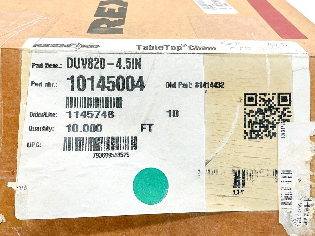 New Rexnord DUV820-4.5IN TableTop Chain 10FT 10145004 81414432