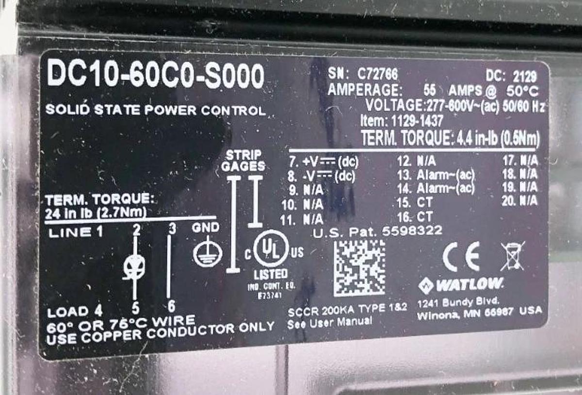 New Watlow DC10-60C0-S000 SCR Power Controller 55A 4.5-32VDC In 277-600VAC Out