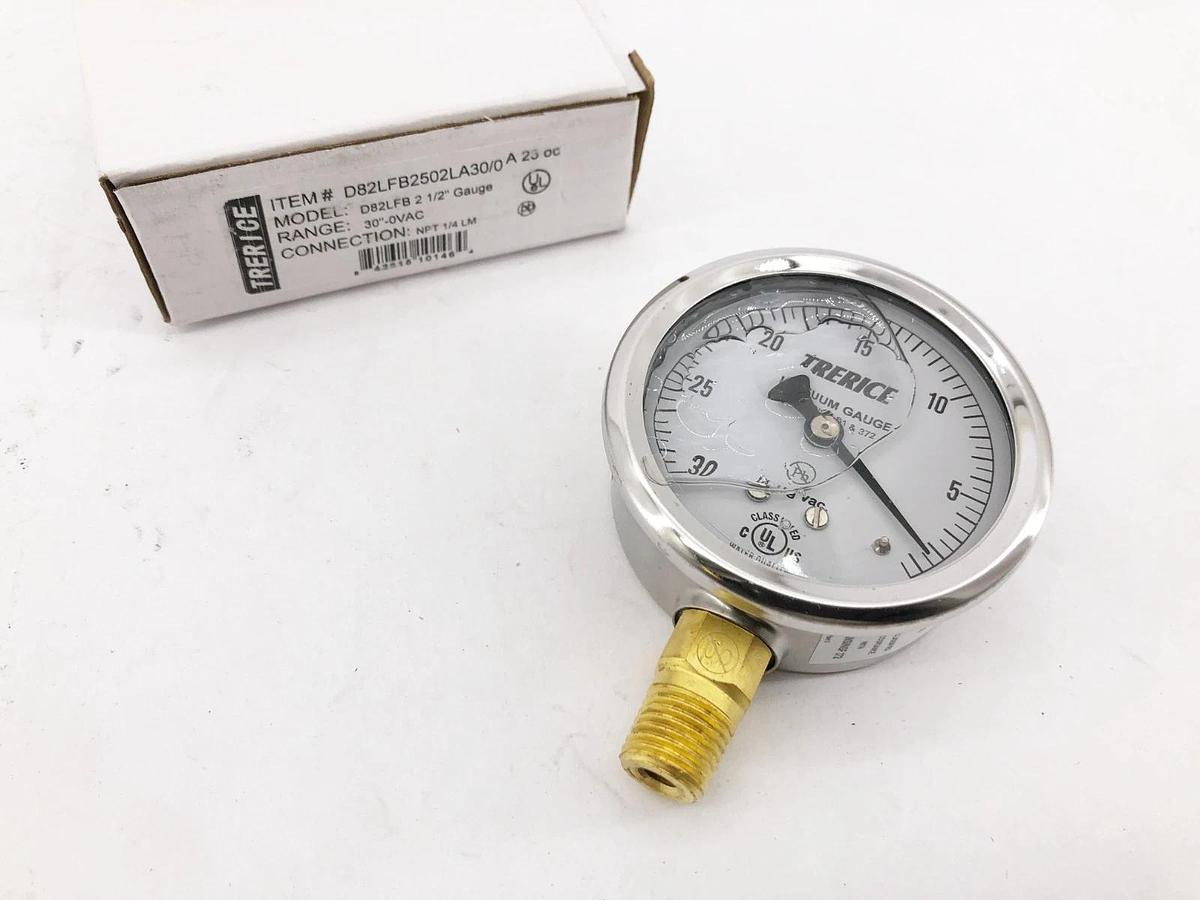 New Trerice D82LFB2502LA30/0 Gauge D82LFB 2-1/2" 30"-0VAC 1/4" NPT LM