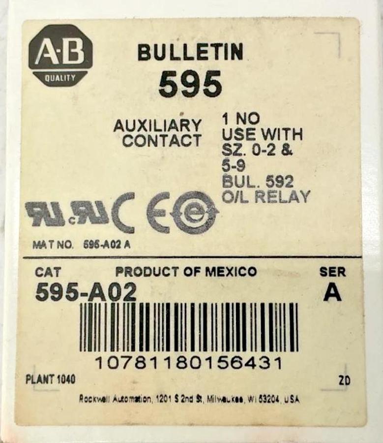 Lot of 2 New Allen Bradley 595-A02 Ser A Auxiliary Contact 1NO 10Amp