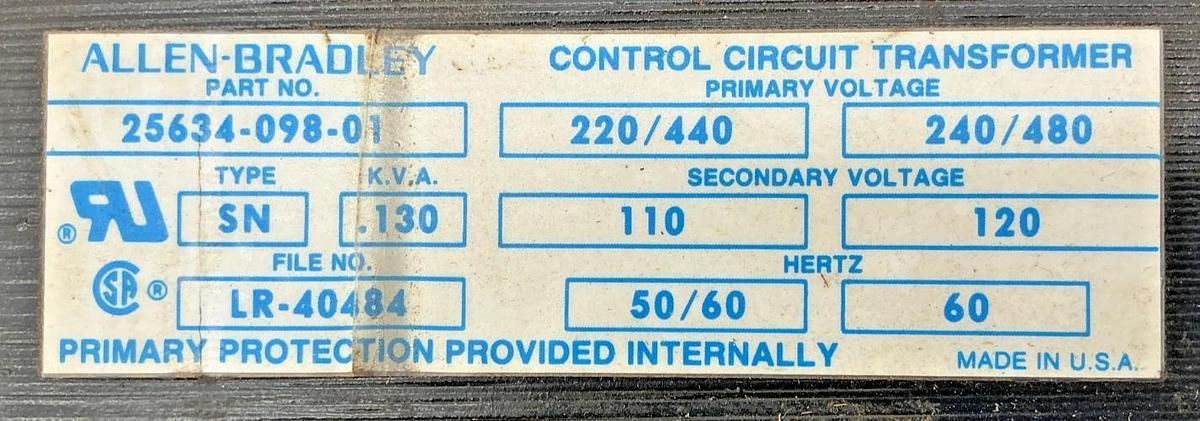 Used Allen Bradley 25634-098-01 Control Transformer Prime: 240/480V 2nd: 120V .130KVA