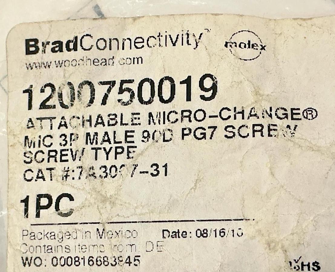 New BradConnectivity Molex Woodhead 7A3007-31 Attachable Micro-Change Male 3P