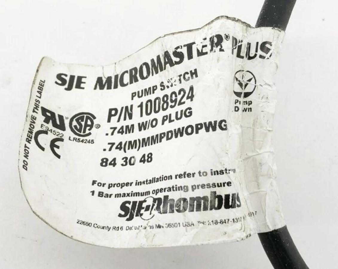 Used SJE Rhombus 1008924 Pump Switch 125/250VAC 2FT. Cable