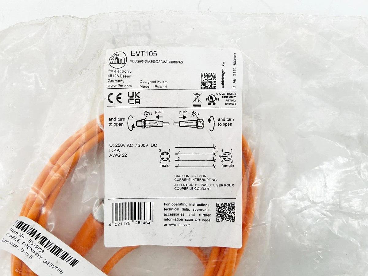 New IFM EVT105 Cordset 300V AWG 22