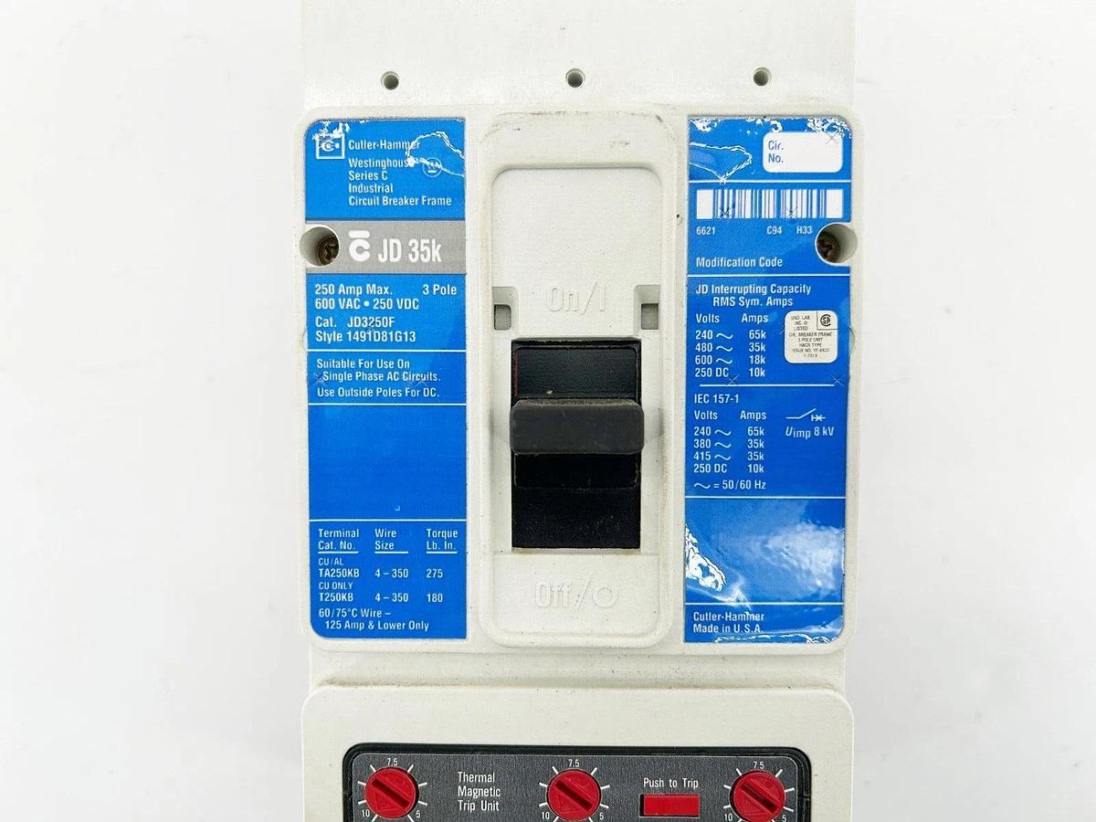 Used Cutler Hammer JD3150 Circuit Breaker 150A 3P 600VAC 250VDC JD3250F + JT3150T