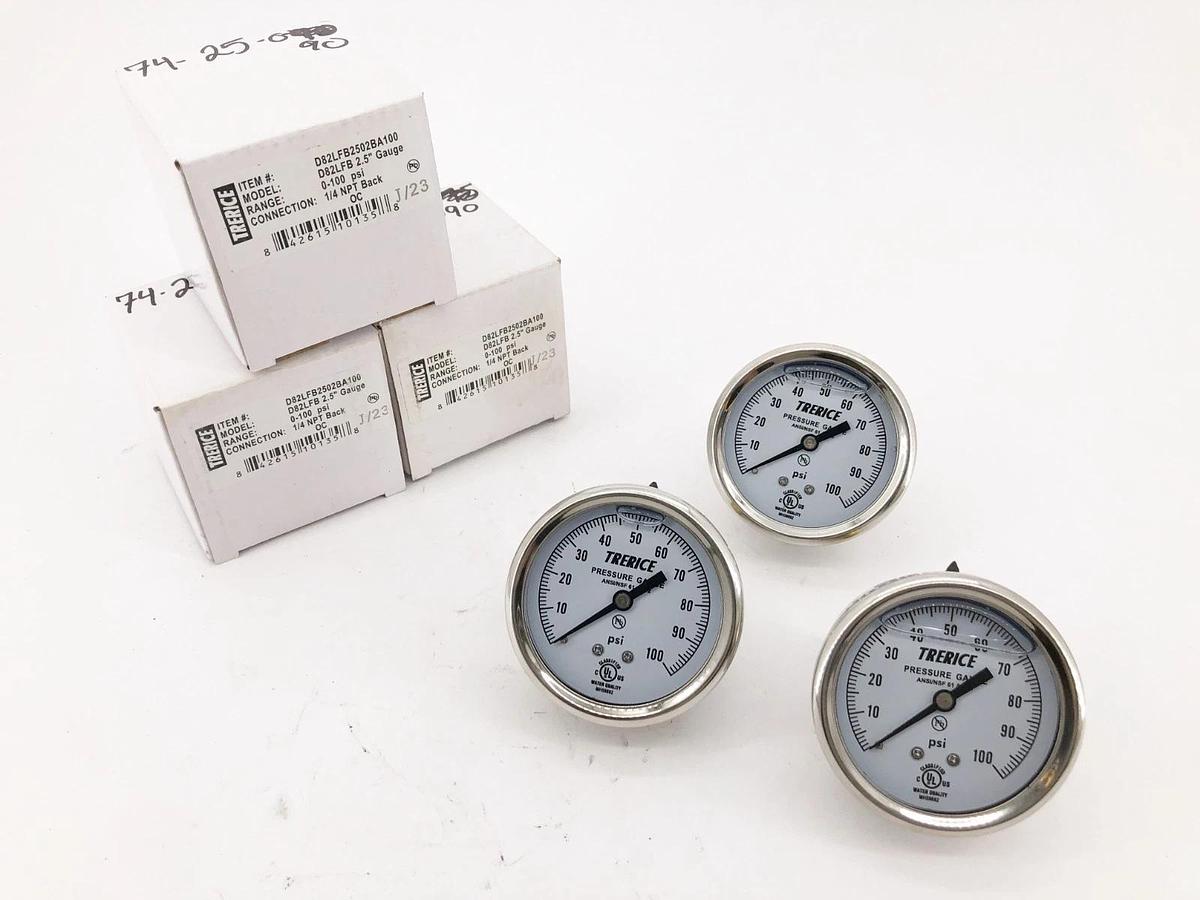 Lot of 3 New Trerice D82LFB2502BA100 Gauges D82LFB 2.5" 0-100psi 1/4" NPT Back