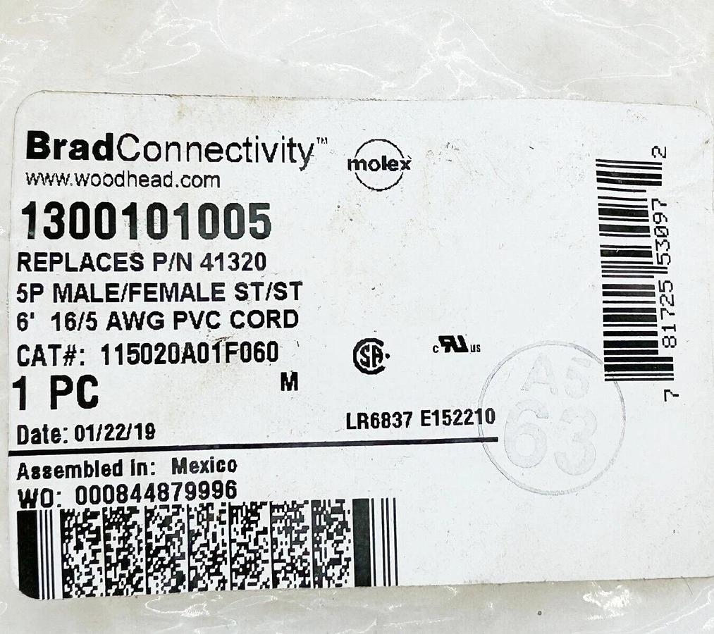New Brad Connectivity 1300101005 Cordset Cable 6' 5P Male/Female ST/ST 16/5 AWG