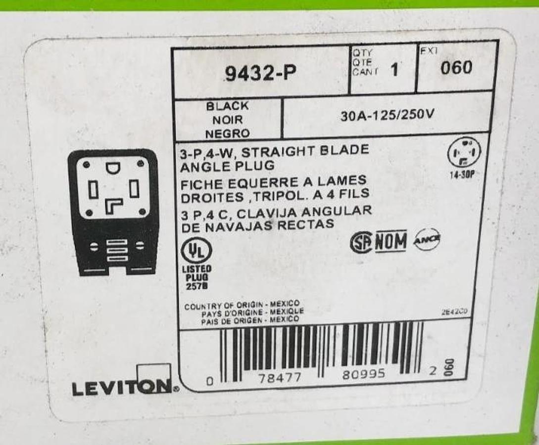 New Leviton 9432-P Straight Blade Angle Plug 30A 125/250V 3-P 4 Wire NEMA 14-30P