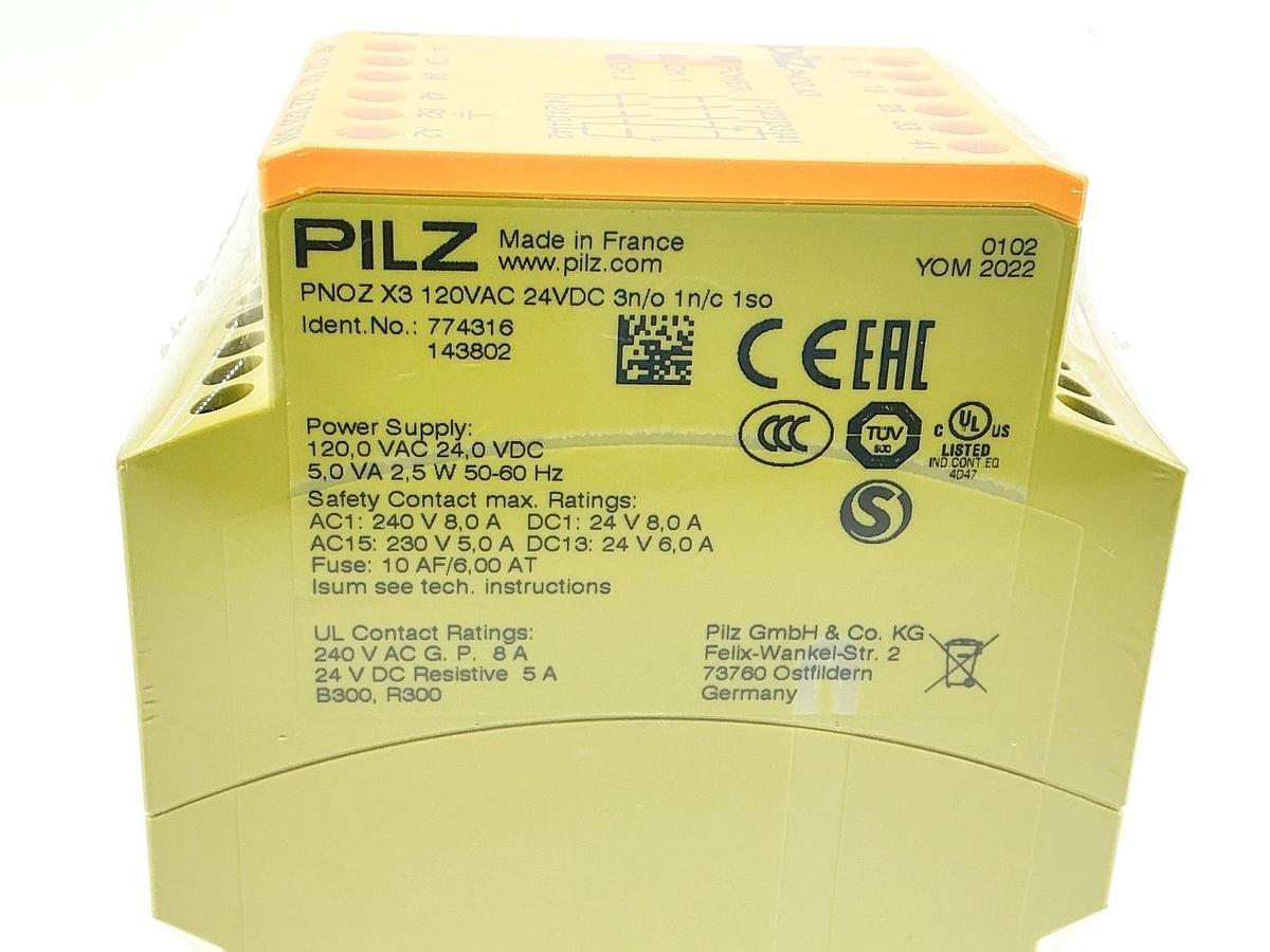 New Pilz PNOZ X3 120VAC 24VDC 3N/O 1N/C 1S0 Safety Relay 774316