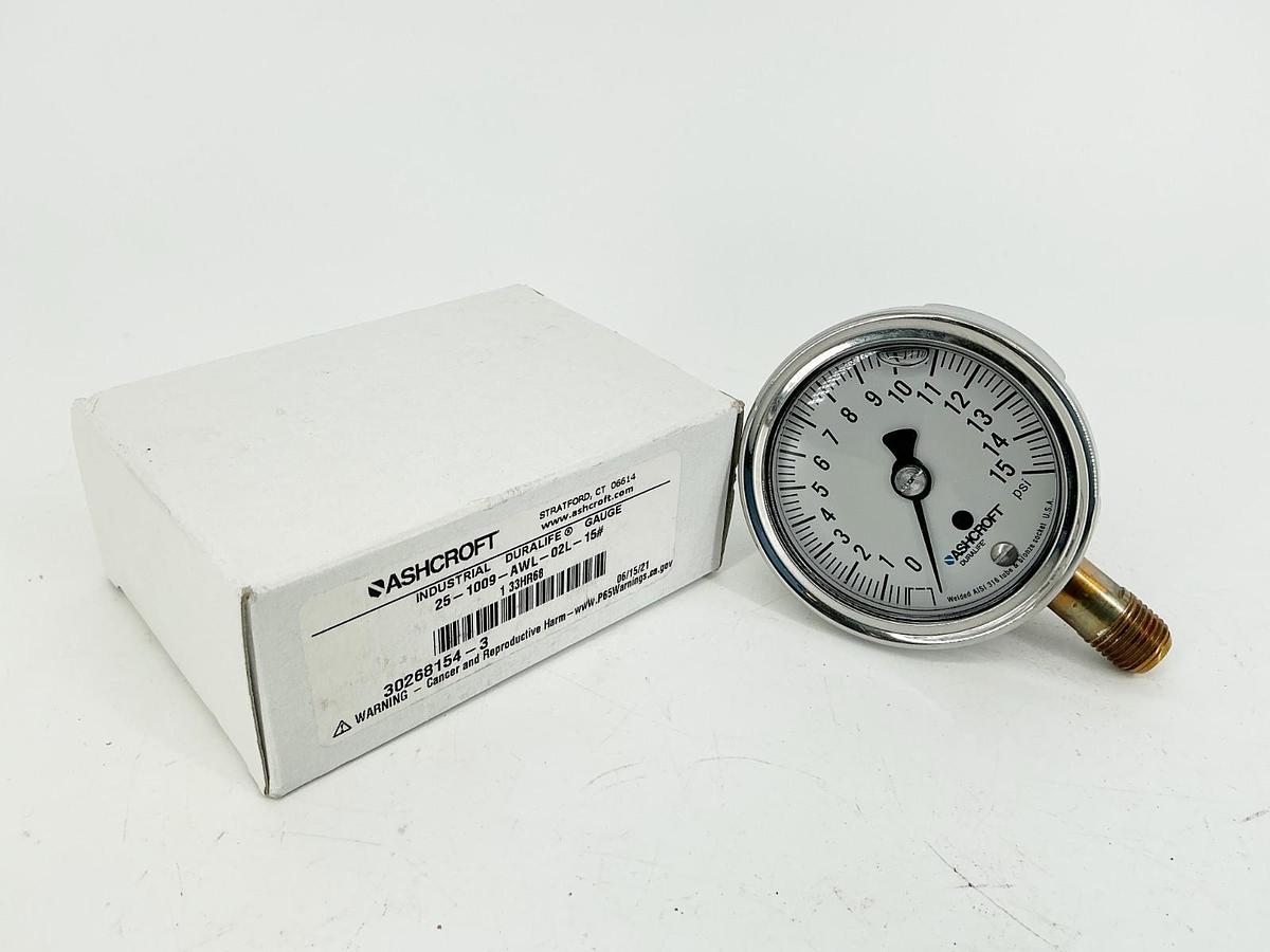 New Ashcroft 25-1009-AWL-02L-15# Pressure Gauge 0-15PSI 2.5" Face