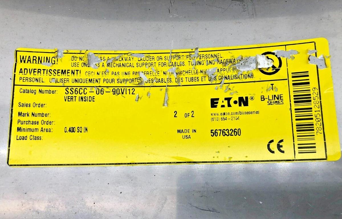 New Eaton B-Line SS6CC-06-90VI12 Cable Tray 6" Width VERT INSIDE