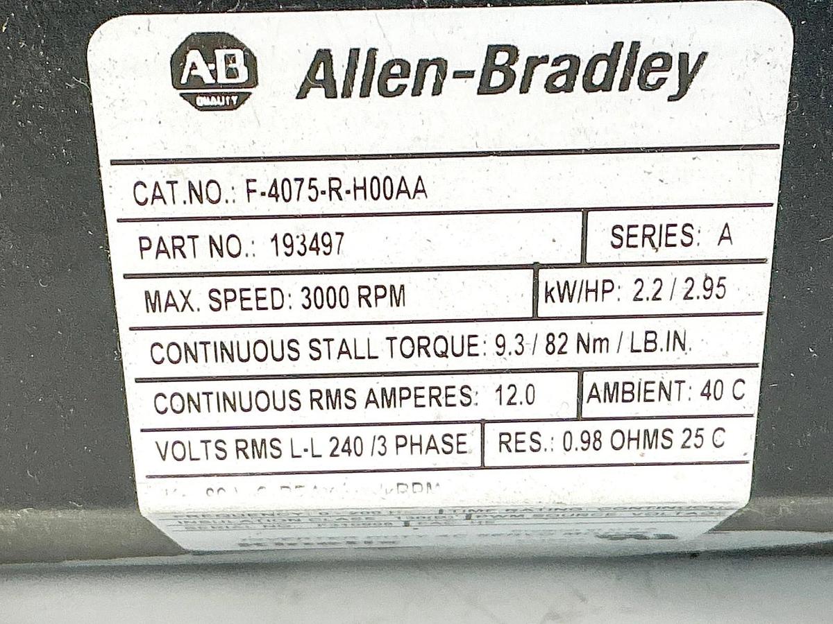 Used Allen Bradley F-4075-R-H00AA Servo Motor 3000RPM 3PH 2.9 HP 240V 193497 Ser.A