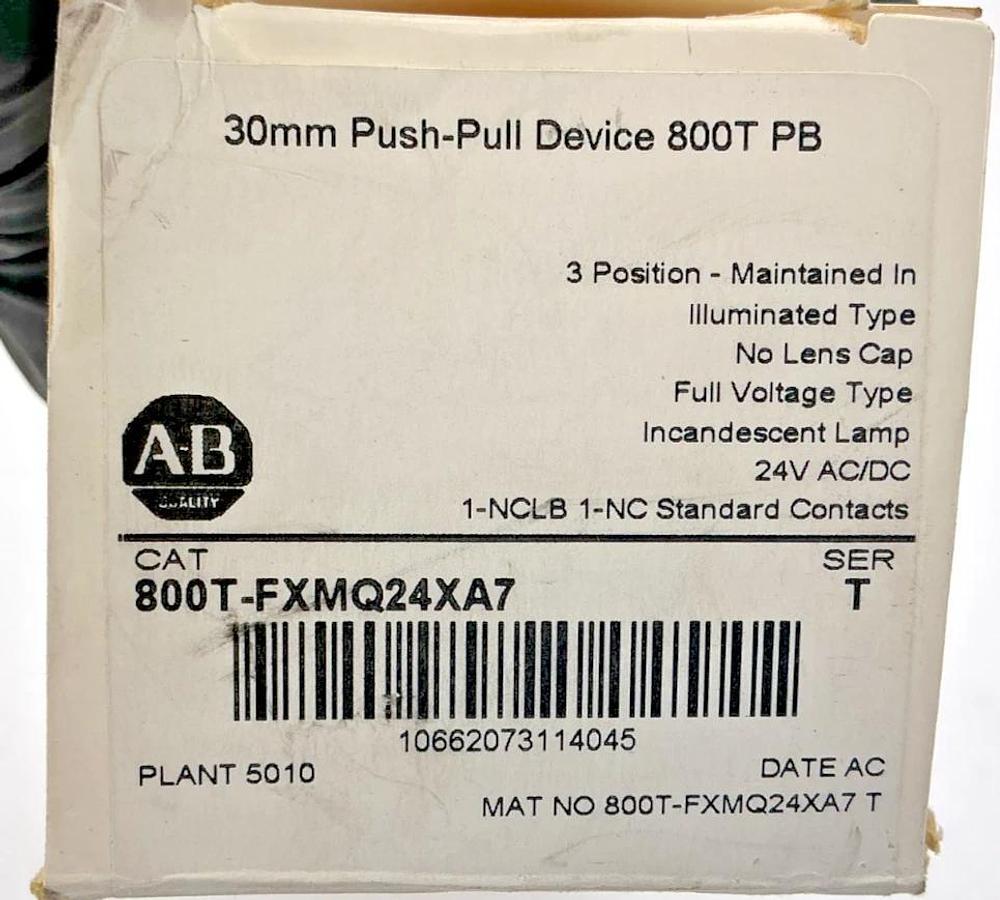 New Allen Bradley 800T-FXMQ24XA7 Ser T 30mm Push-Pull Device 80T PB 3Pos