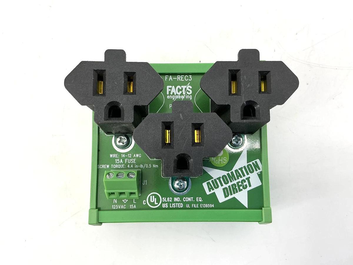Lot of 2 New Facts Engineering FA-REC3 DIN Rail Receptacle 3-Outlet 15A 125VAC
