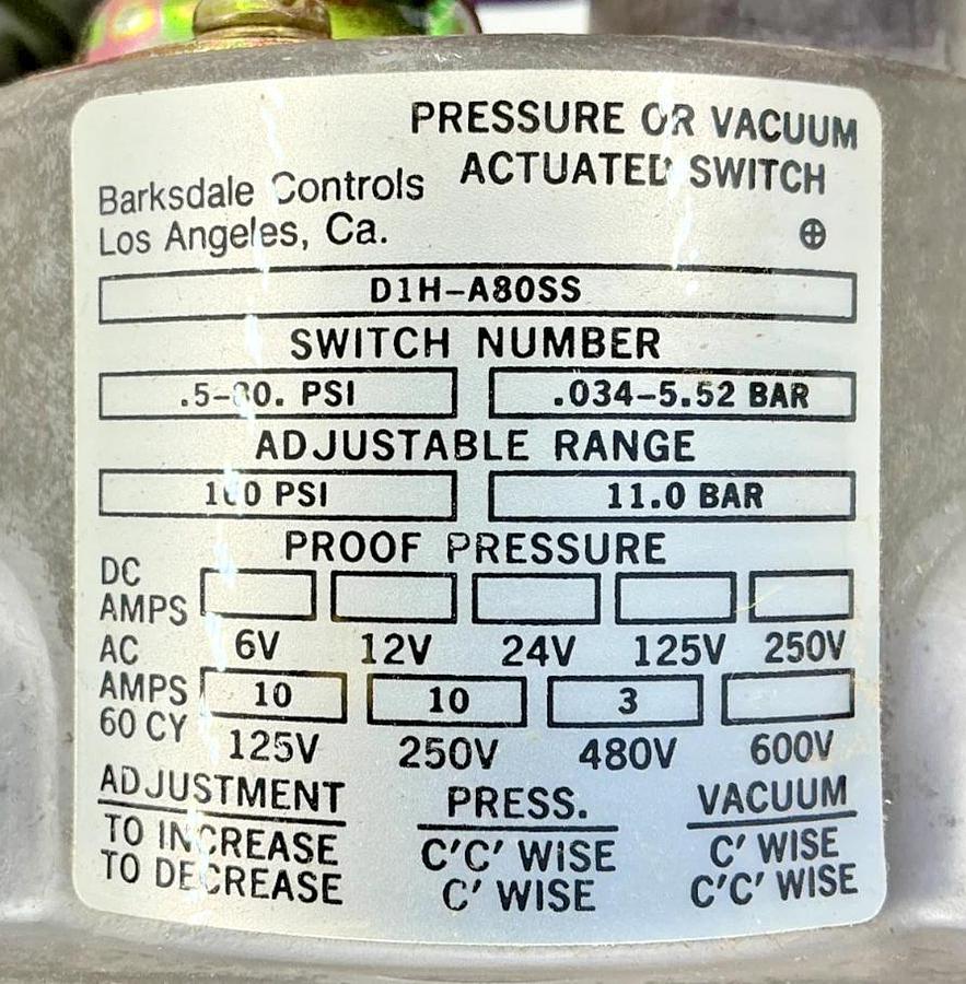 New Barksdale D1H-A80SS Pressure or Vacuum Actuated Switch Adj Range 0.5-80PSI
