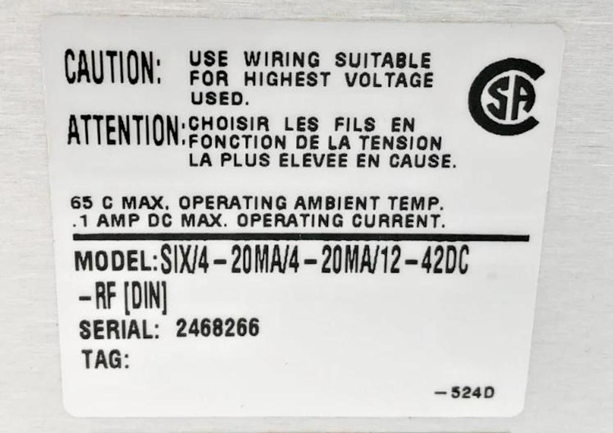 New Moore Industries SIX/4-20MA/4-20MA/12-42DC-RF [DIN] Signal Isolator - No Box