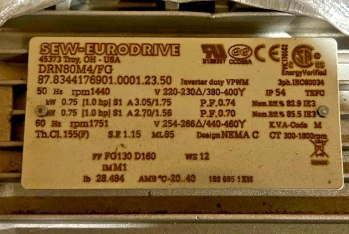 New SEW Eurodrive DRN80M4/FG Motor Inverter Duty VPWM 230/460V 1HP 1751rpm