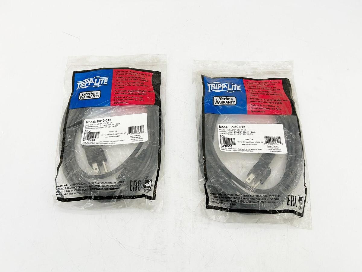 New Lot of 2 Tripp Lite P010-012 Power Cord 120V 12' 10A