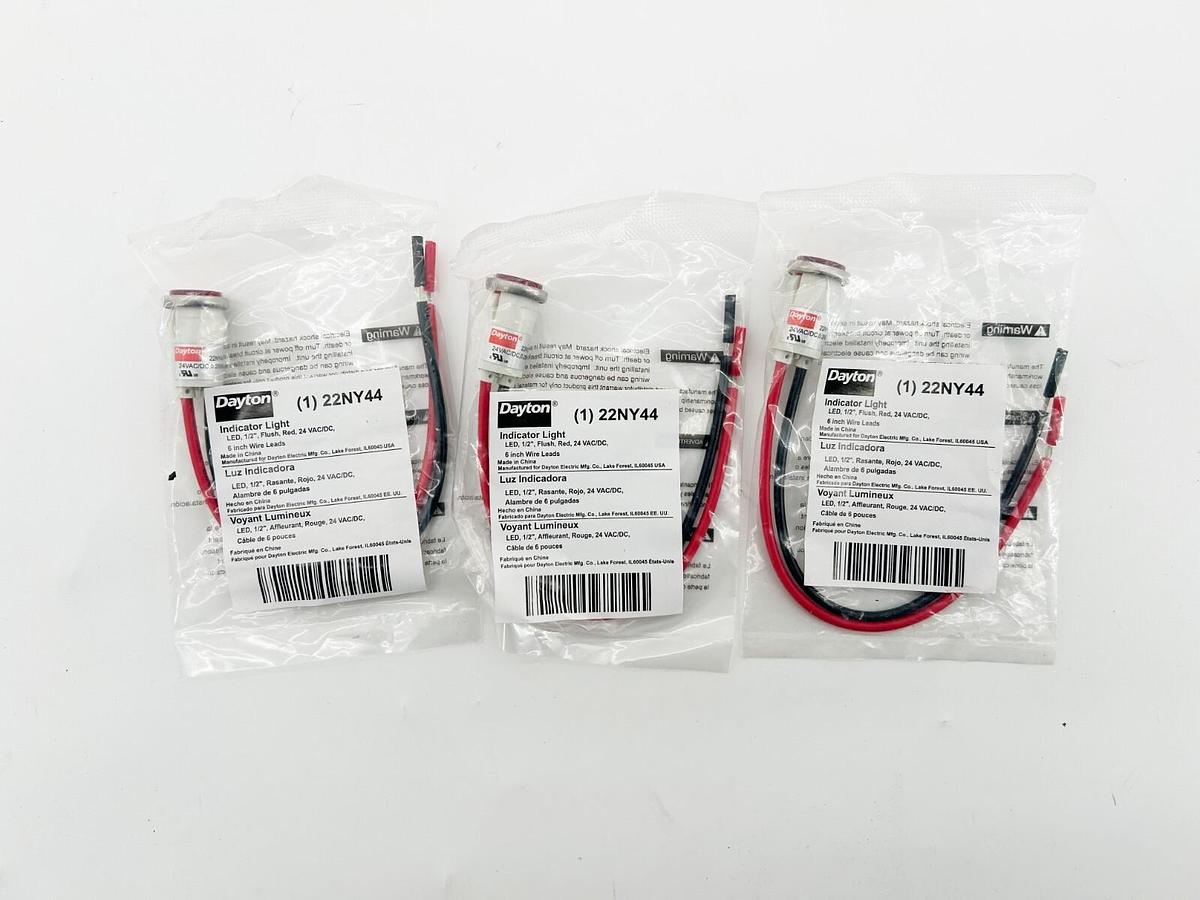 New Lot of 3 Dayton 22NY44 Indicator Light LED 1/2" Flush Red 24V 6" Wire