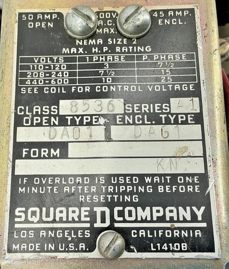 Used Square D 8536DA01V02 Ser A1 Motor Starter Nema Size 2 110/120V Coil 8536DAG1V02