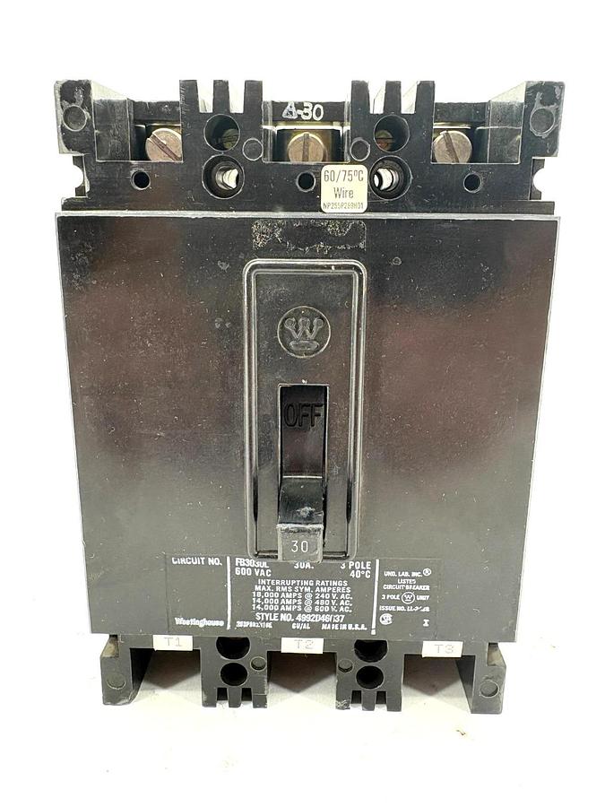 Used Westinghouse FB3030L 30A Circuit Breaker 600VAC 3-Pole