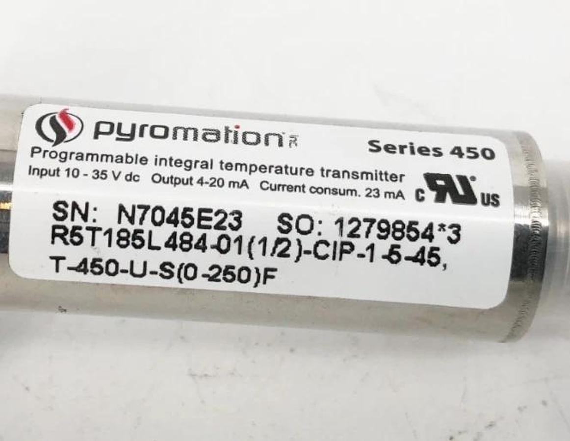 New Pyromation R5T185L484-01(1/2)-CIP-1-5-45,T-450-U-S(0-250)F Temp Transmitter