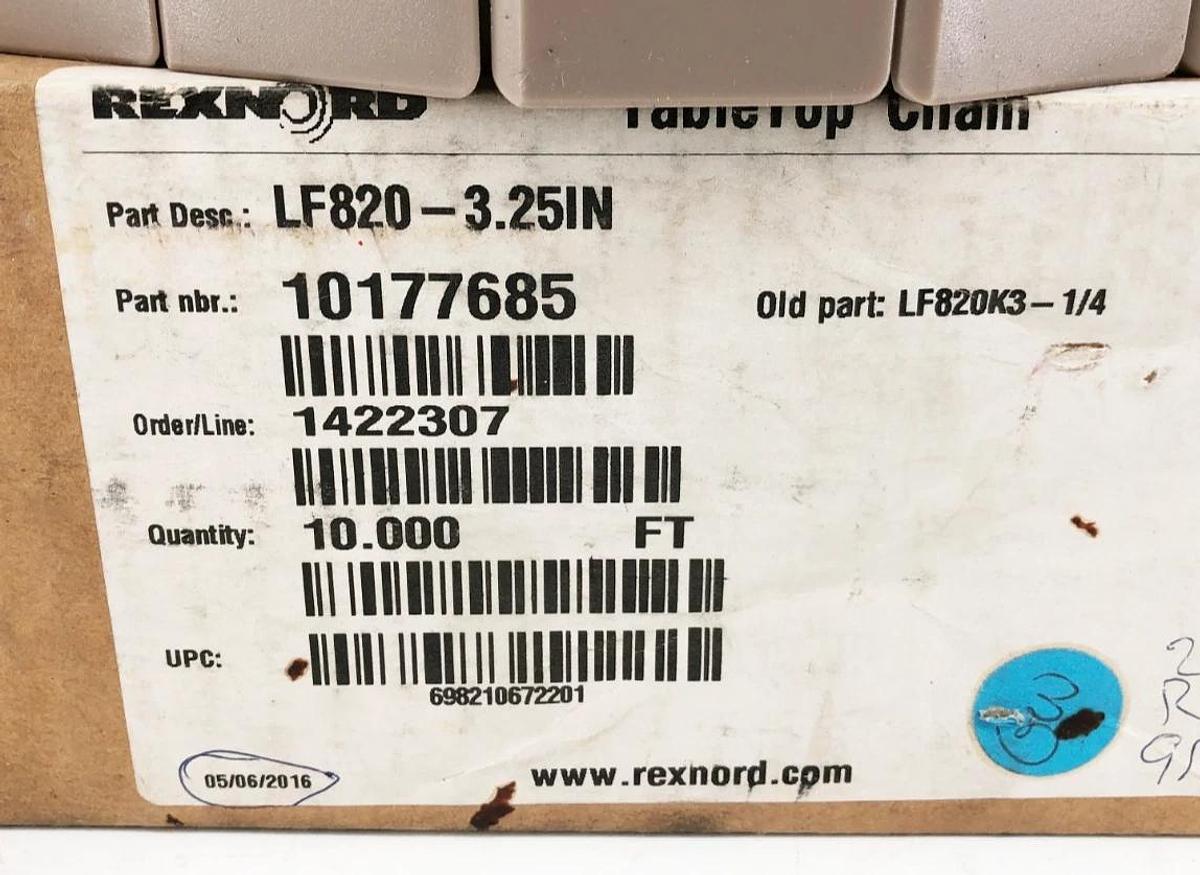New Rexnord LF820-3.25IN TableTop Chain 10 FT. 10177685 LF820K3-1/4