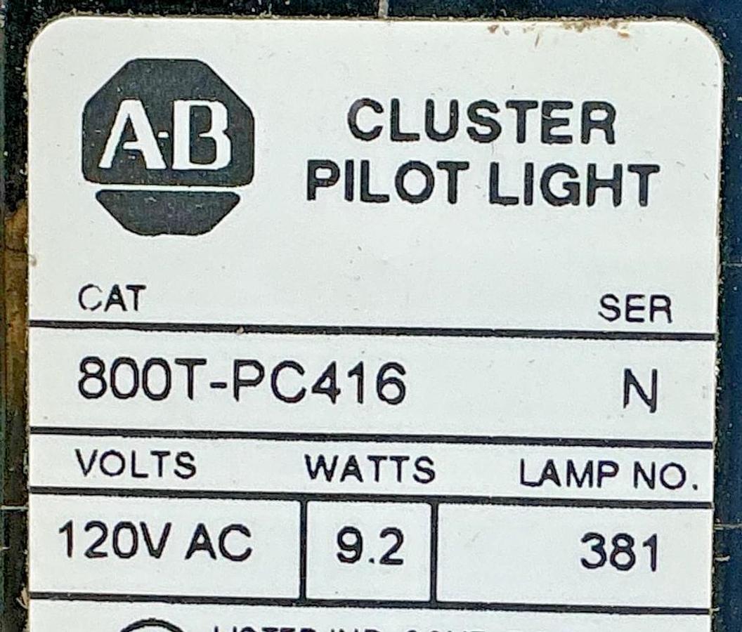 Used Allen Bradley 800T-PC416 Ser N Cluster Pilot Light 9.2W 120VAC Missing Cap