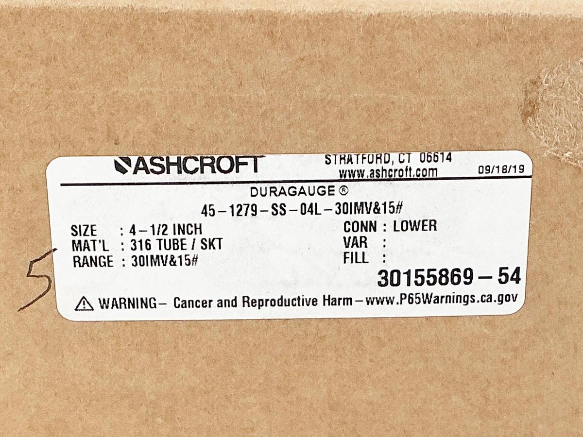 New Ashcroft 45-1279-SS-04L-30IMV&15 Pressure Gauge 4" Face 1/2"NPT 30IMV-15