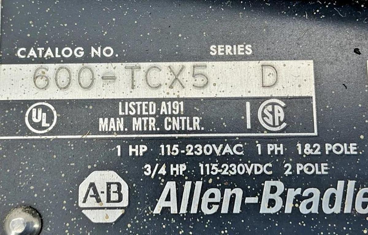Used Allen Bradley 600-TCX5 Ser D Manual Starting Switch 2-Pole 1PH 115-230V 600TCX5