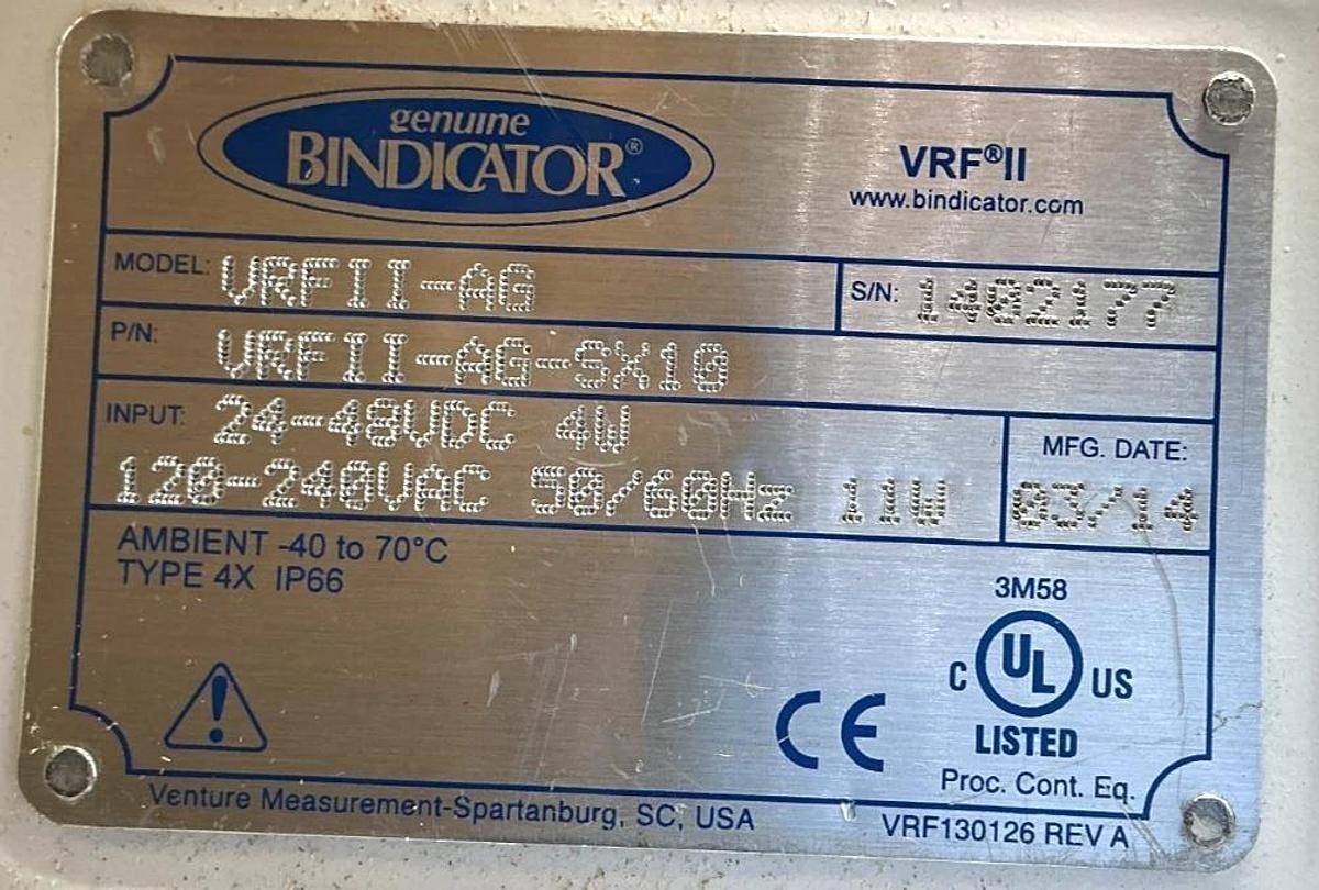 Used Bindicator VRFII-AG-SX10 Point Level Measurement 5-Pin 11W 120/240VAC VRFII-AG